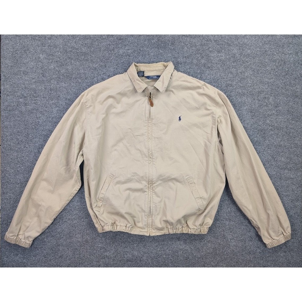 VTG Polo Ralph Lauren Harrington Jacket Mens Large Beige Tan Full Zip Pony Logo